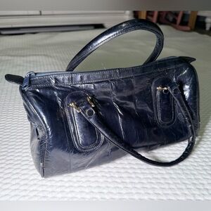 Vintage Genuine Eel Skin Navy Blue Handbag - Made in Korea
